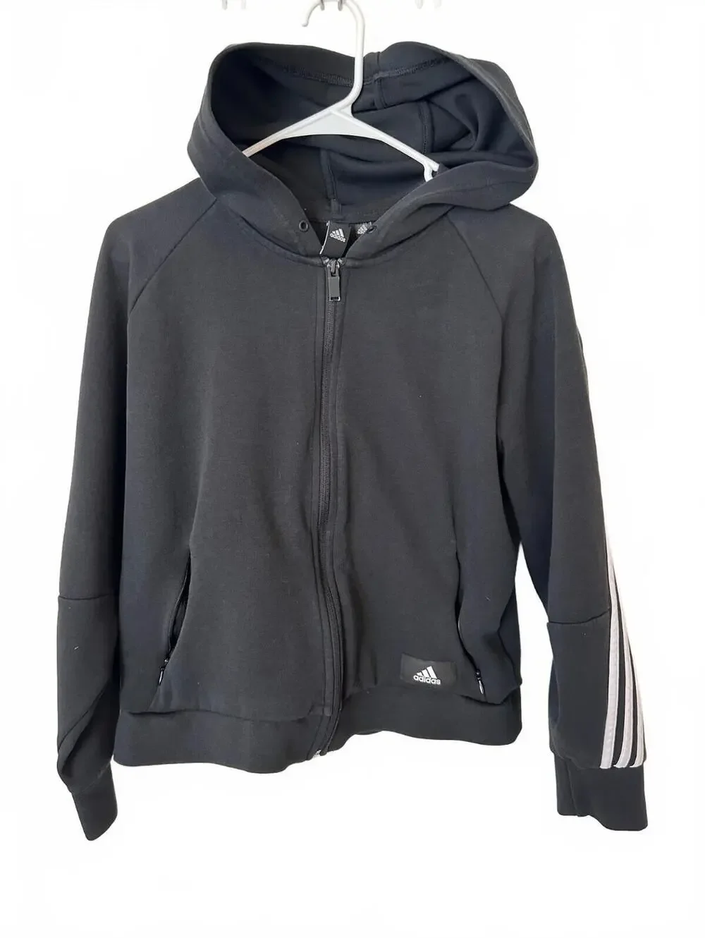 Adidas Black Full Zip Hoodie with White Stripes on Sleeves